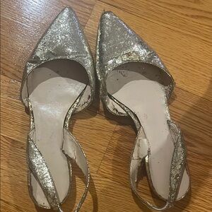 Elegant Silver Women's Shoes. Lots of life left! Sling back comfy flat shoe!